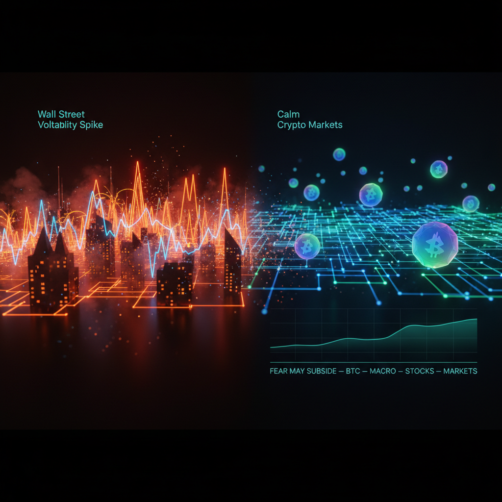 Financial monitor showing contrasting stock indexes and crypto market volatility in orange neon