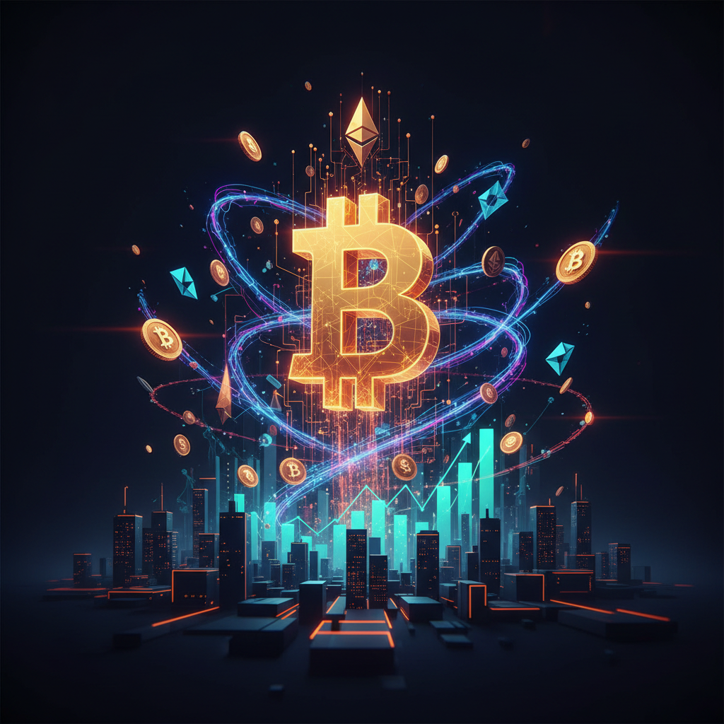 A glowing financial chart showing a Bitcoin price recovery above the key 82000 mark.