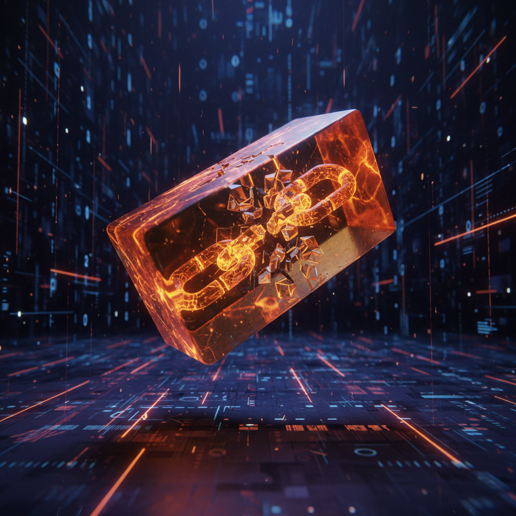 A frozen cryptographic network chain depicting the Qubic wallet drain exploit investigation