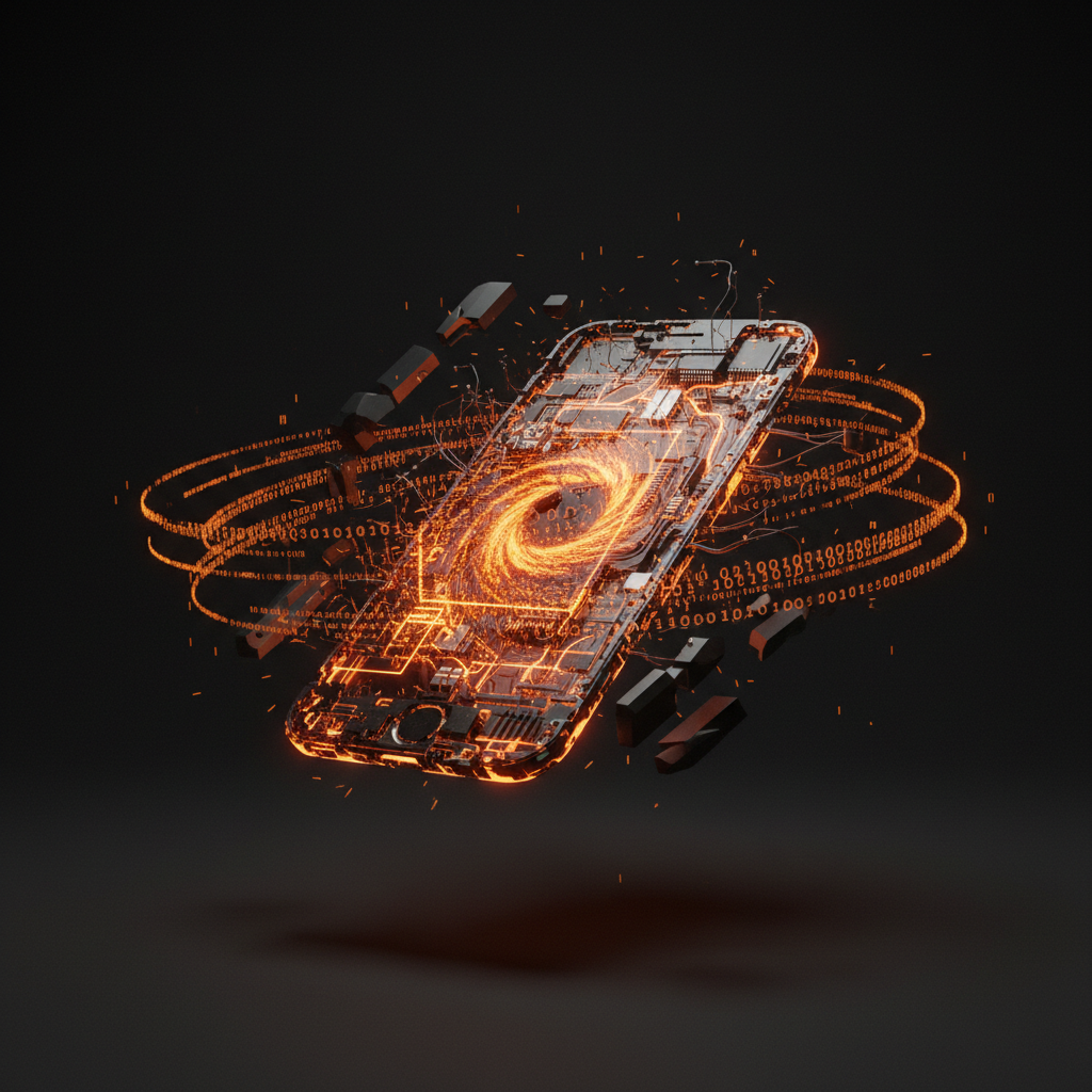 A futuristic smartphone showing boot screens illustrating the iOS on Android breakthrough.