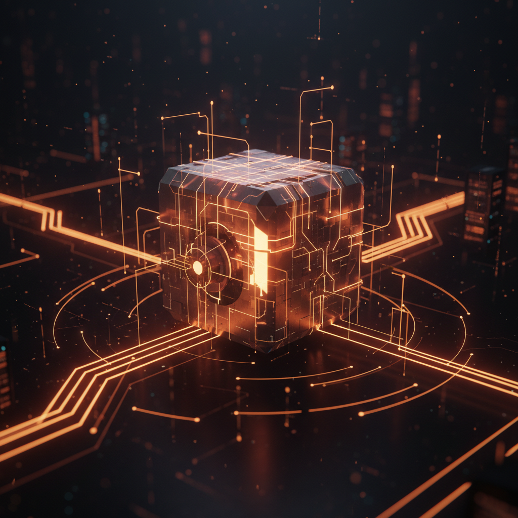 A digital financial safe glowing with orange light representing the Sentora OUSD vault.