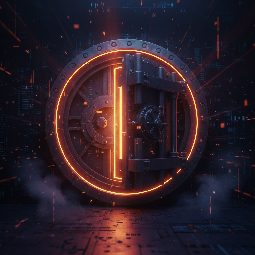 A reinforced digital vault door with orange neon lights highlighting crypto home invasion risks.
