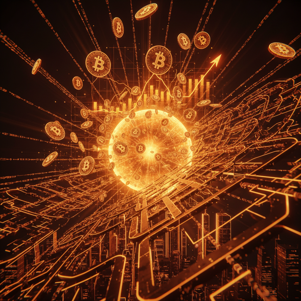 Abstract financial visualization of surging Bitcoin ETF inflows with glowing orange energy bars