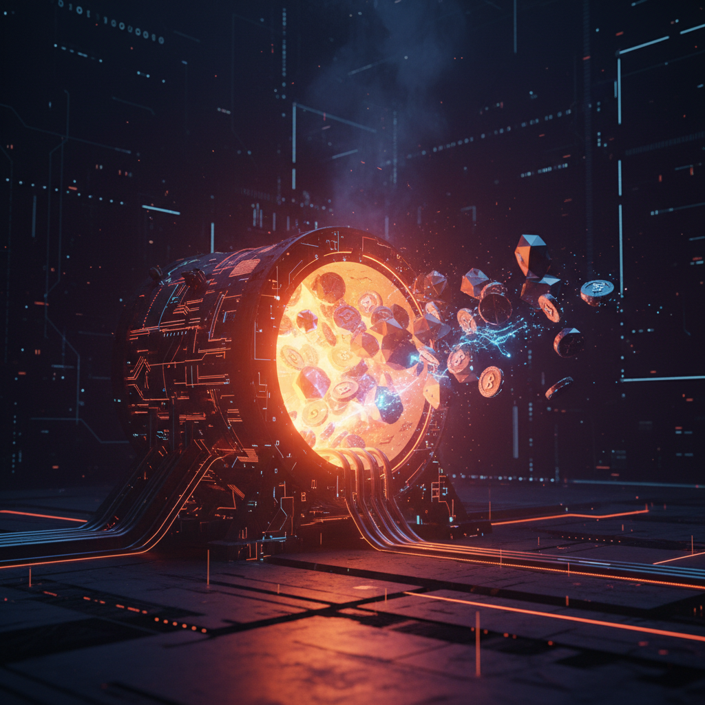 A digital crypto furnace showing the BNB token burn with neon orange lighting.
