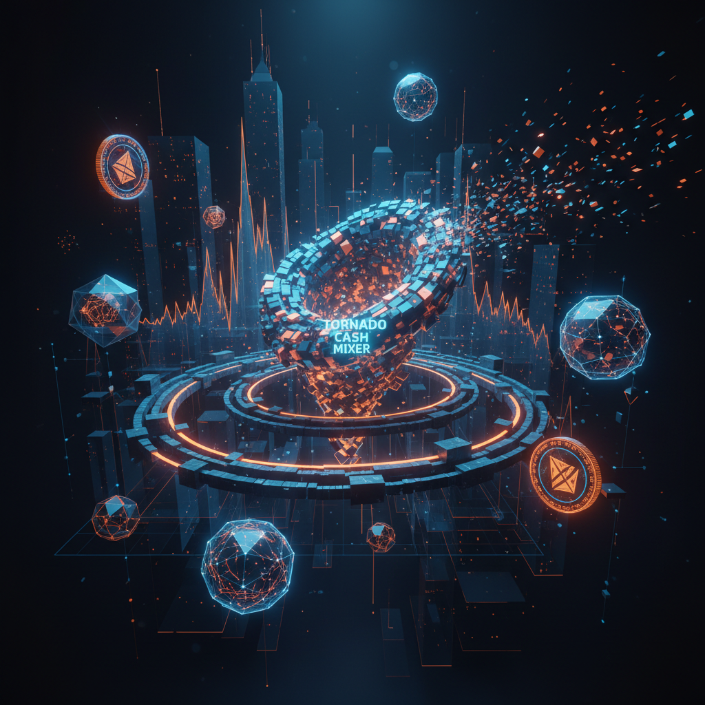 Digital network nodes depicting how a Drift hacker washes funds across privacy mixers.