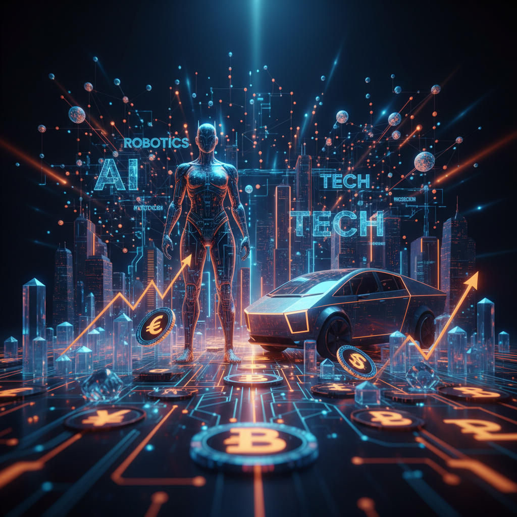 Futuristic autonomous vehicles and humanoid robots showcasing the Tesla Optimus Cybercab concept.