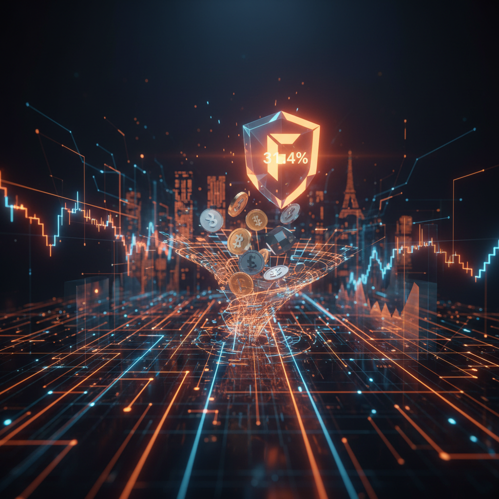 Futuristic government chamber illuminated by glowing data visualizations illustrating the France crypto tax proposal.