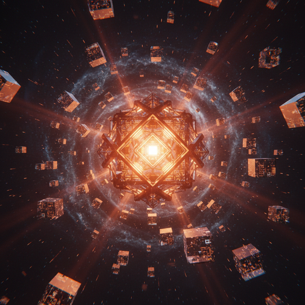 A glowing digital Ethereum staking deposit node surrounded by sharp orange data streams.
