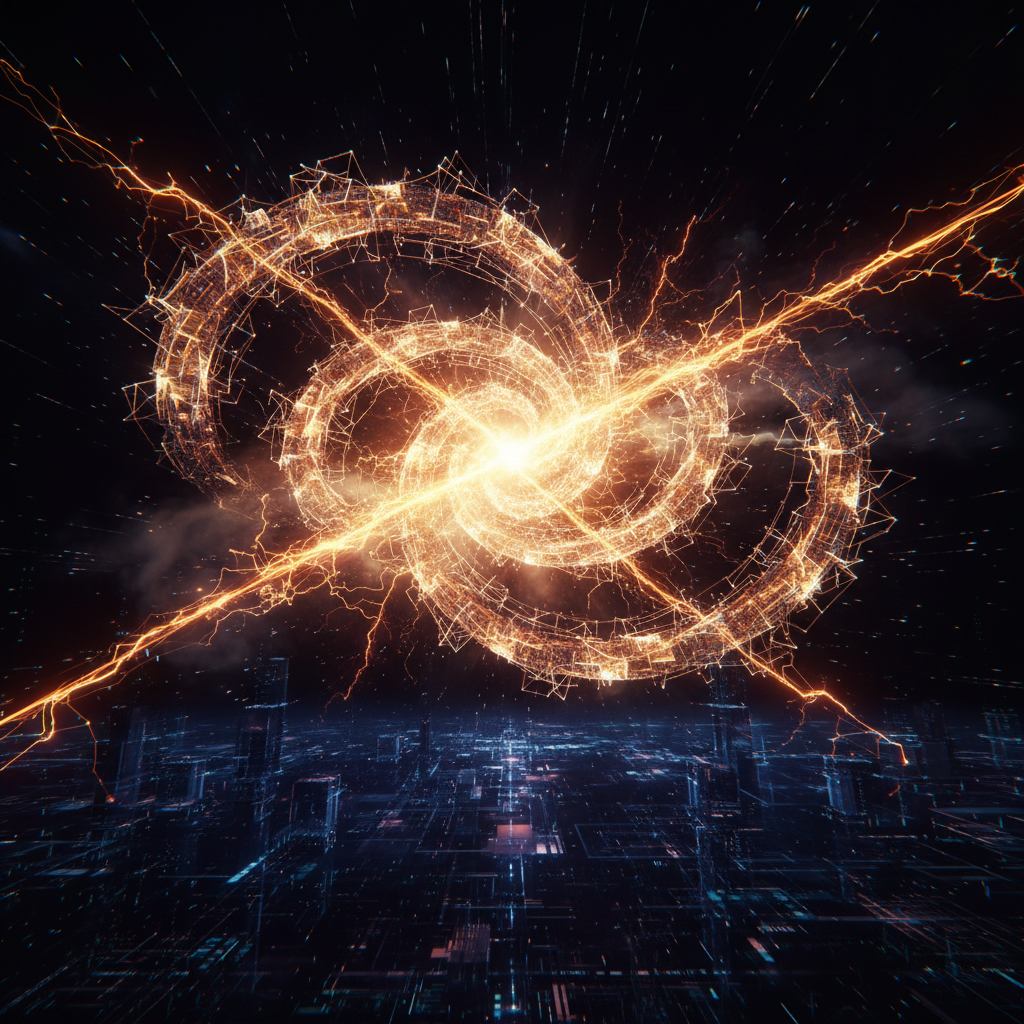 Two neural networks clashing in orange light illustrating the OpenAI $30 billion raise and Anthropic rivalry.