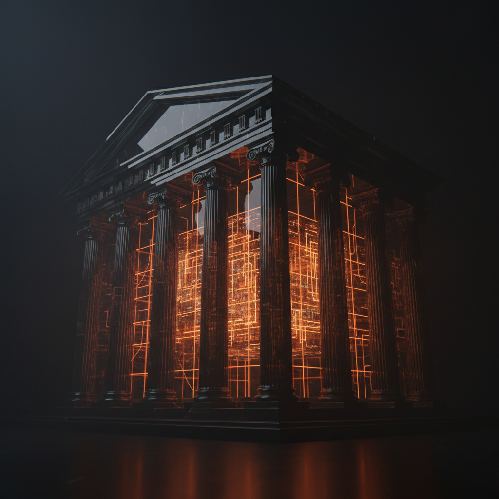 Digital vault and federal bank pillars illustrating the Ramp OCC trust bank bid.