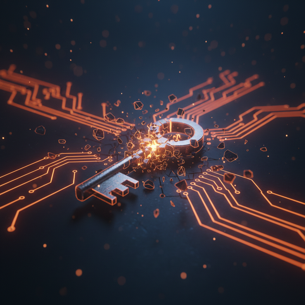 A glowing cryptographic key dissolving along orange lines illustrating the Qubic wallet vulnerability.