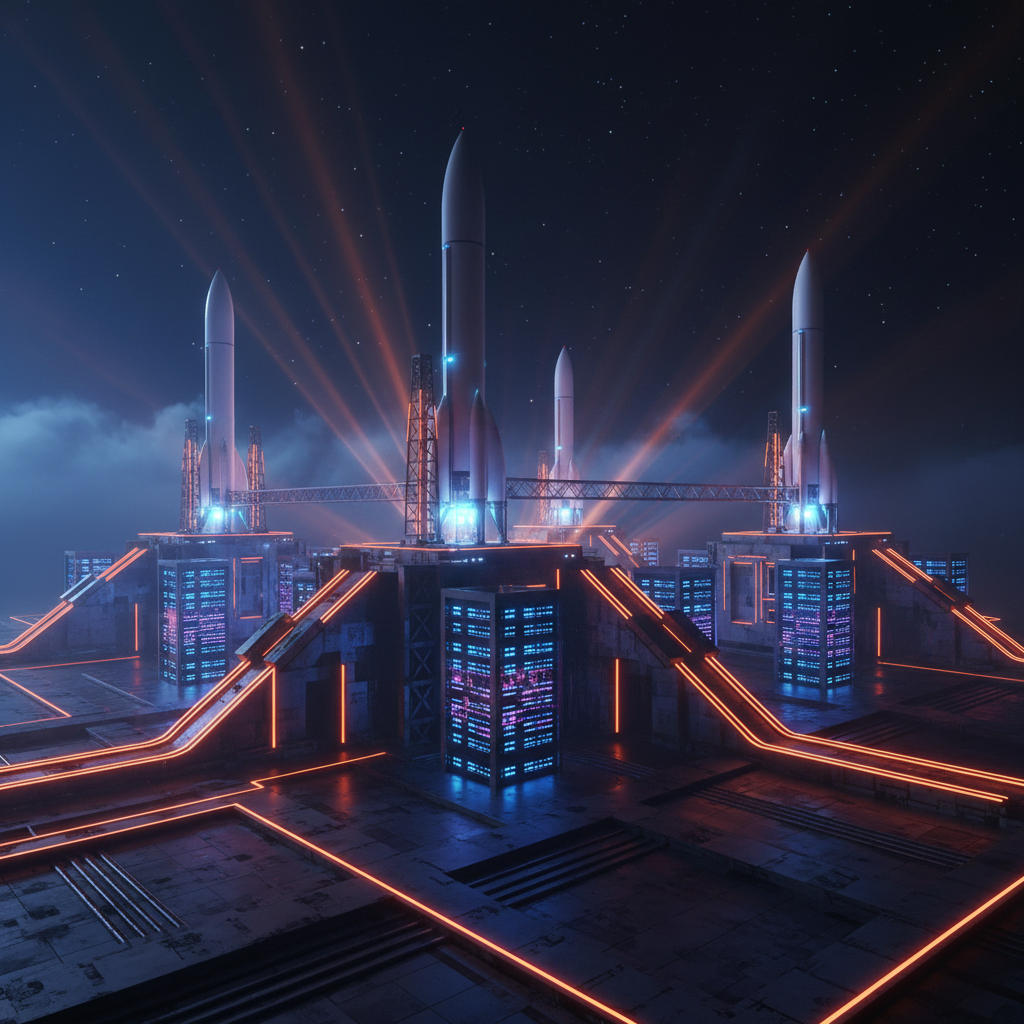 Futuristic computing servers glowing beside launch equipment for SpaceX Q3 earnings.
