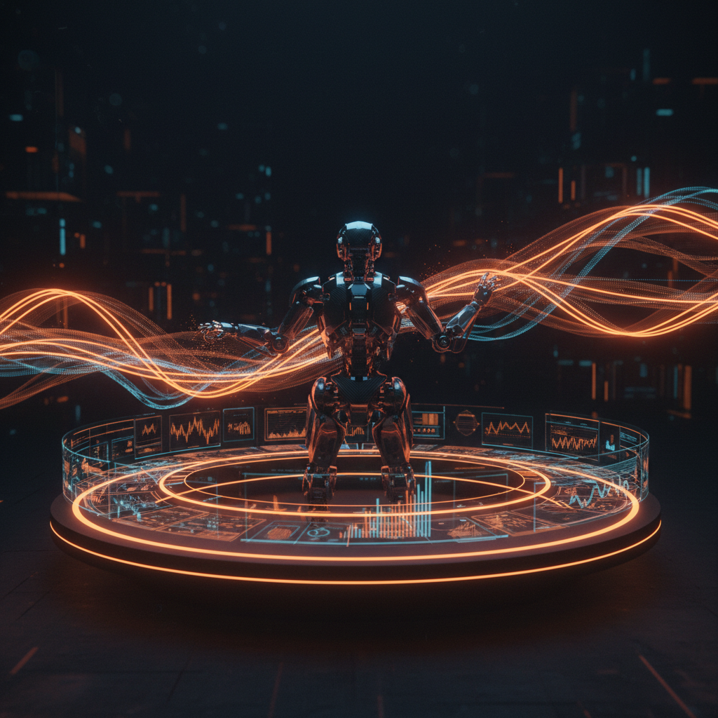 An autonomous trading agent managing StakerX Solana staking liquidity across glowing orange holographic charts.