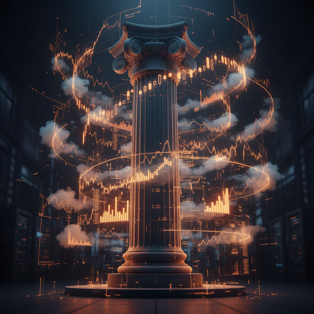 Wall Street financial pillars illuminated by orange charts representing Bitcoin ETF inflows.