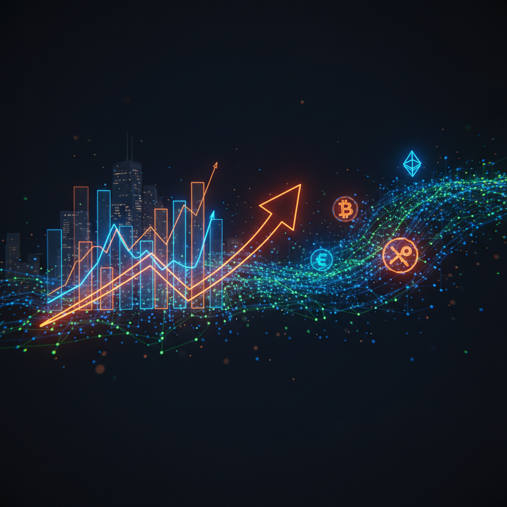 Illuminated trading screens displaying charts and trendlines during a synchronized crypto market surge.