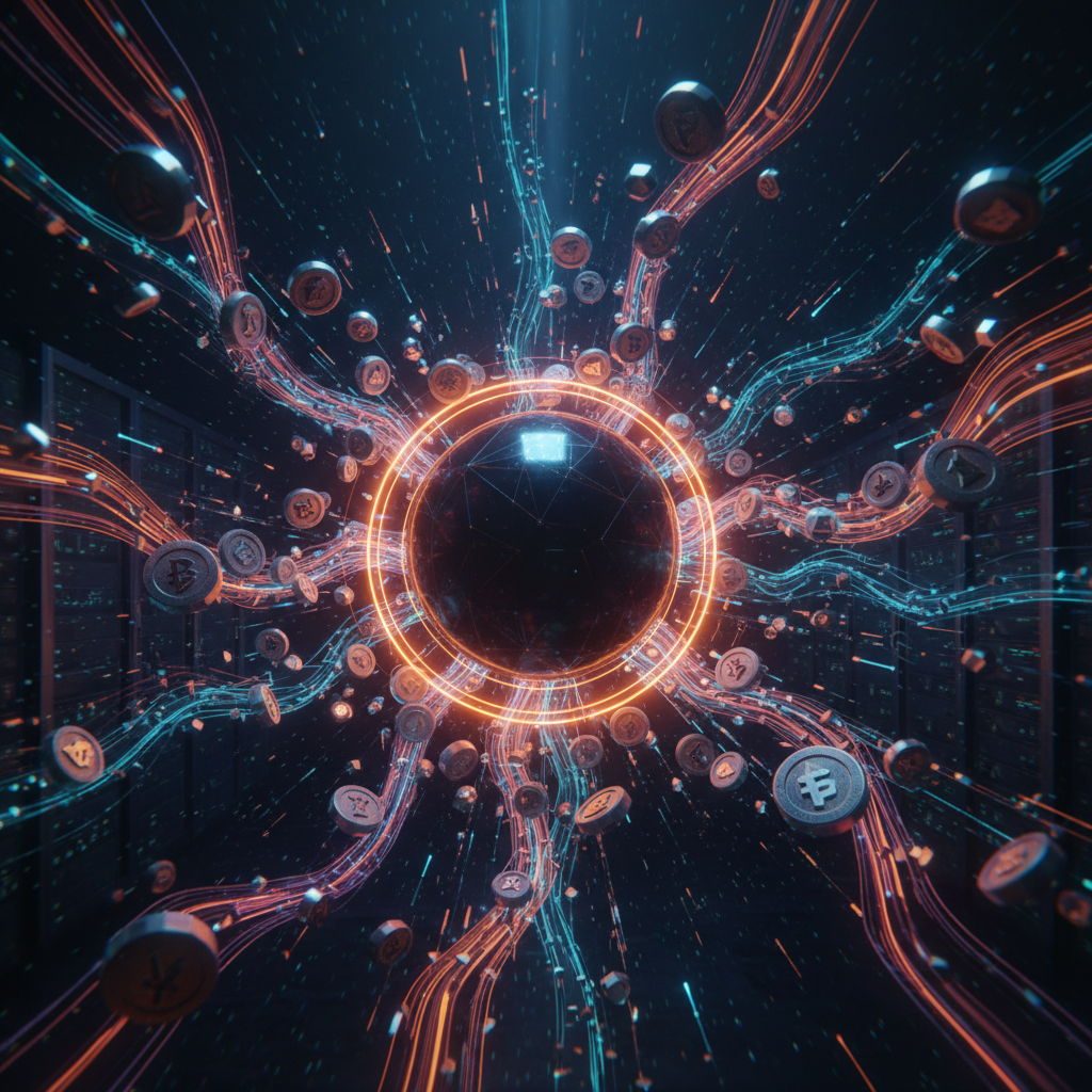 Digital network nodes representing XRP Binance withdrawals and growing exchange reserves.