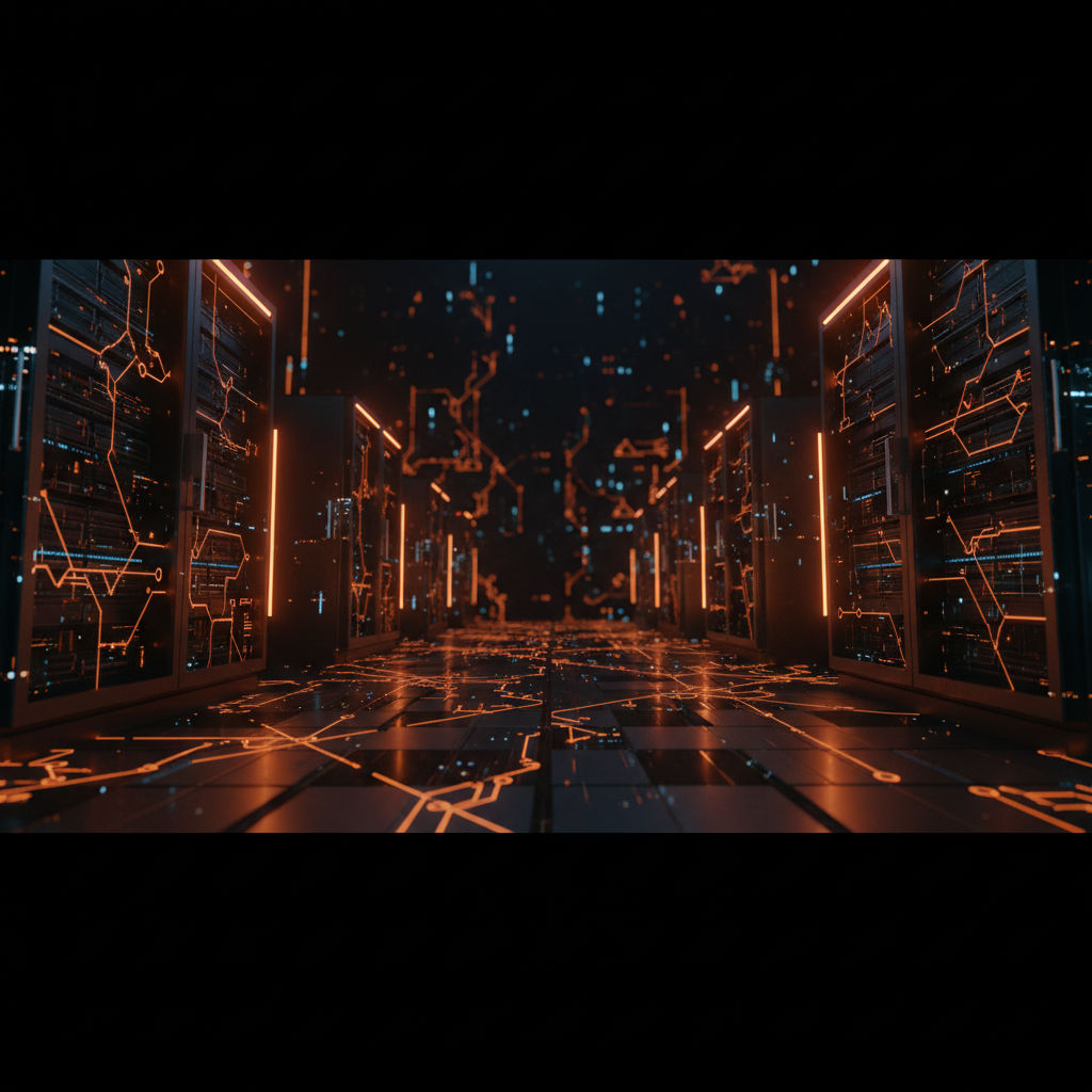 Futuristic financial trading server showing modern crypto exchange trends with orange neon highlights