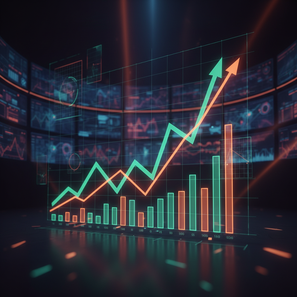 Financial chart displays showing an Asian stock market rebound with upward trading tickers.
