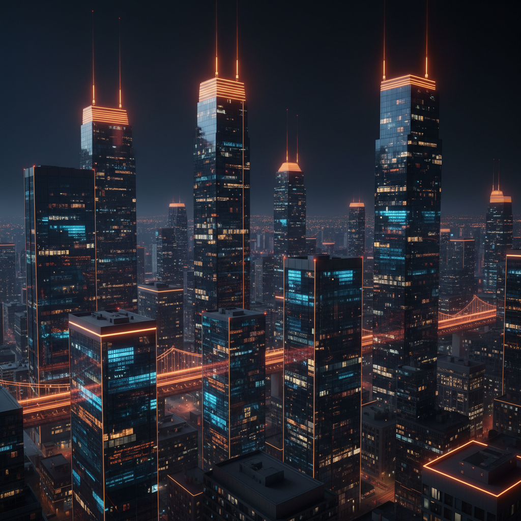 Dark corporate headquarters reflecting glowing orange data charts amid tokenized stock trading debates.