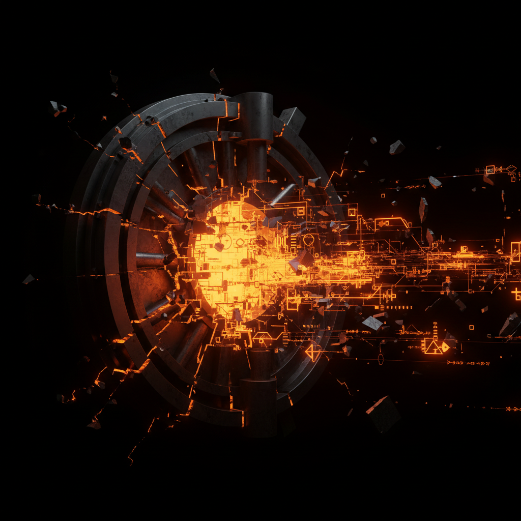 Cracked digital security vault leaking glowing orange cryptographic code during authority certificate key compromise.