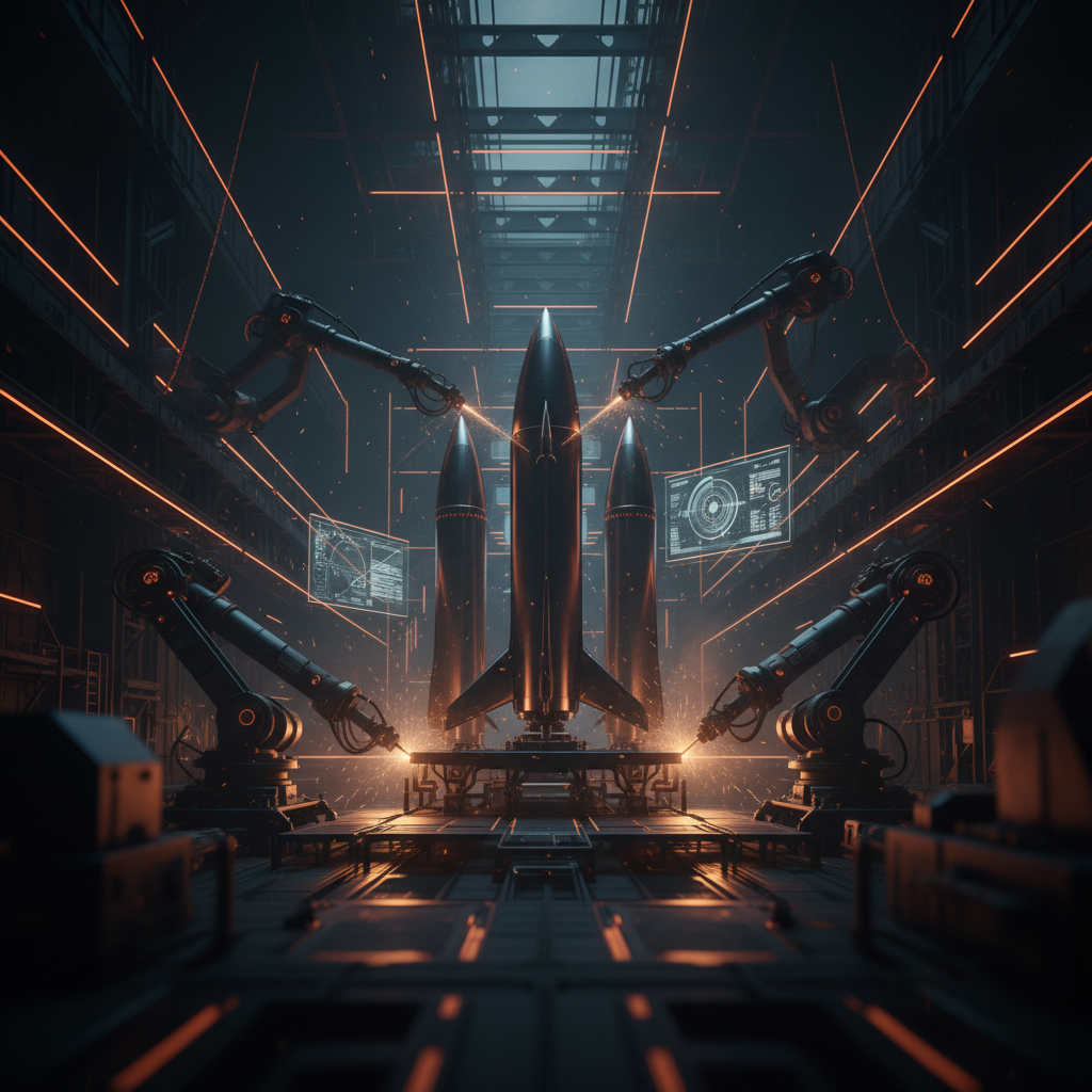 Futuristic aerospace laboratory showcasing technology relevant to a potential SpaceX Tesla merger.