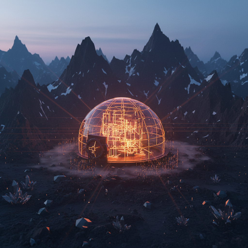 A glowing financial vault nestled in alpine terrain representing the Swiss Bitcoin ETF.