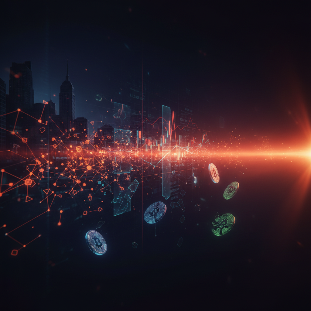 A moody study with disintegrating holographic charts highlighting the crypto market critique.