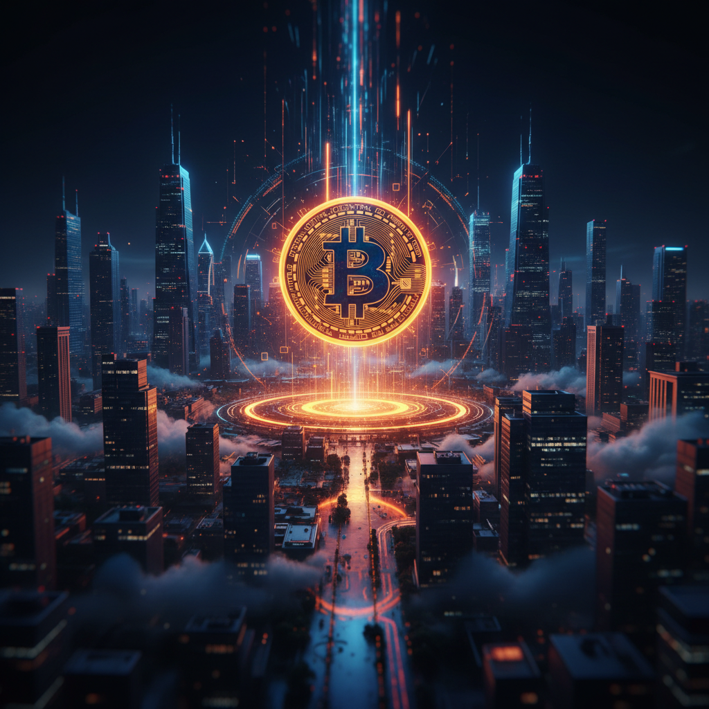 A glowing Bitcoin coin representing wealth for Bitcoin in Indonesia against dark skyline