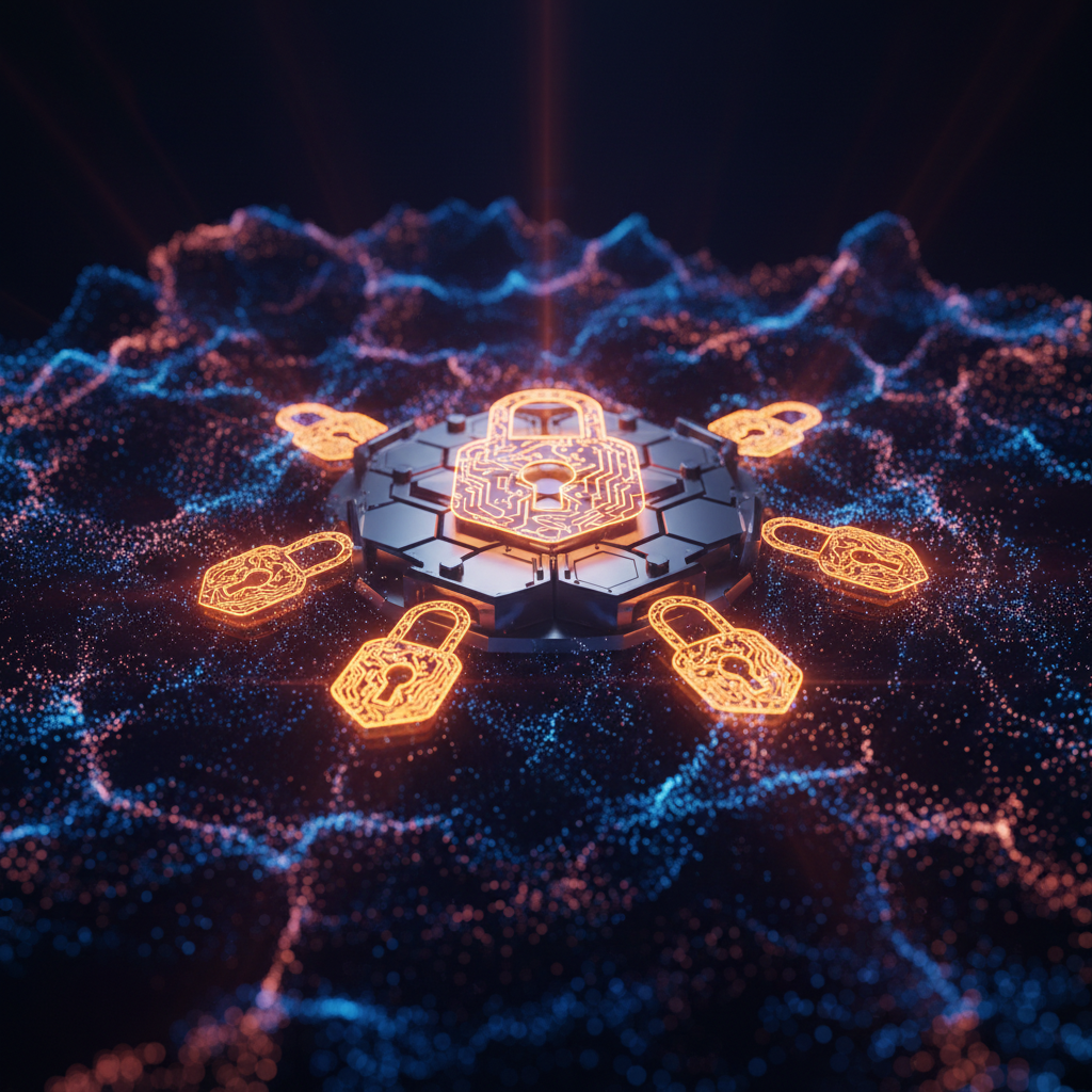 Futuristic quantum cryptographic lock showcasing new standards in digital asset insurance.