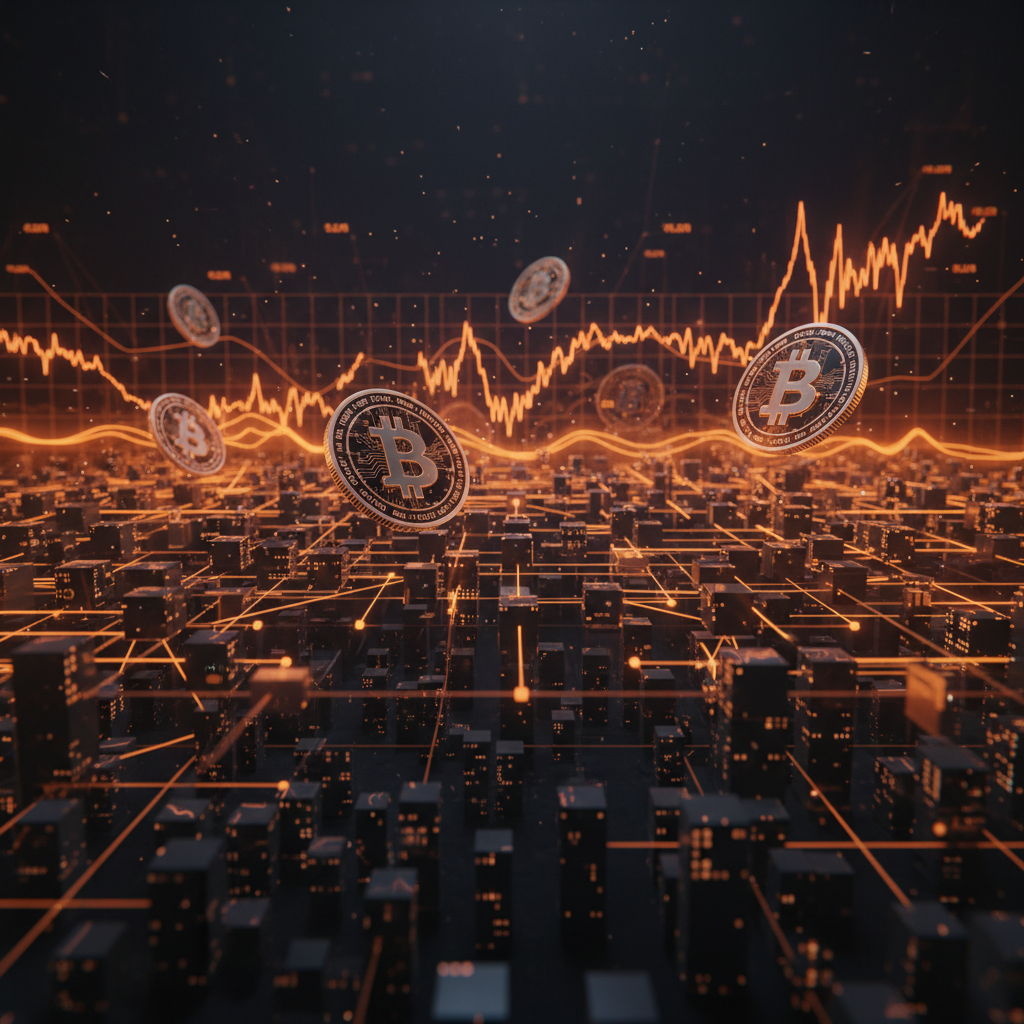 Complex quantum computing circuit overlaying a quantum proof Bitcoin network graphic