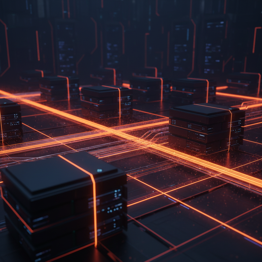 Abstract server network glowing with high-speed orange light for the Solana Alpenglow consensus.