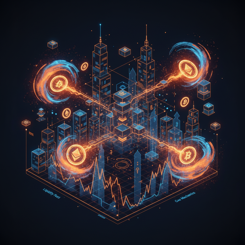 Abstract digital exchange terminal analyzing Uniswap swap costs and liquidity pool mechanics.