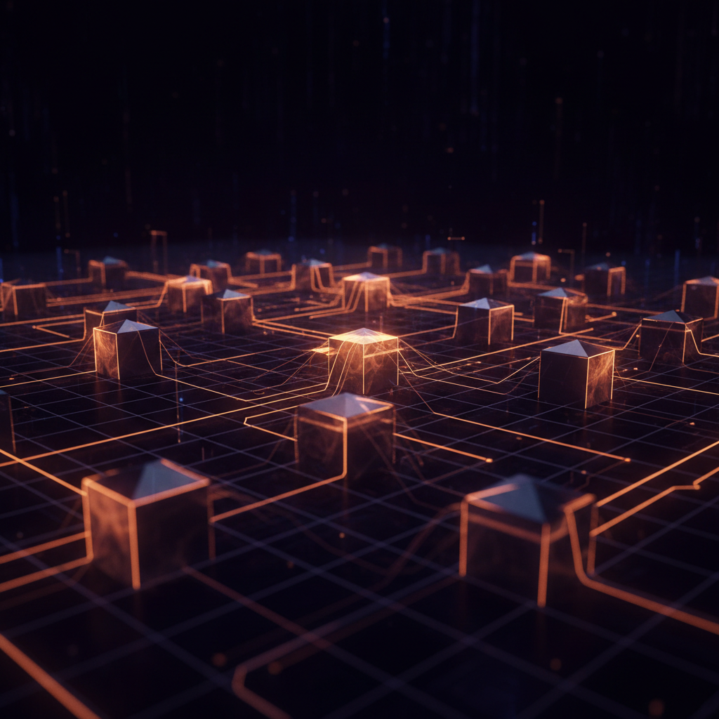 Interconnected blockchain ledger nodes illustrating the XRP Ledger recovery from recent delays.
