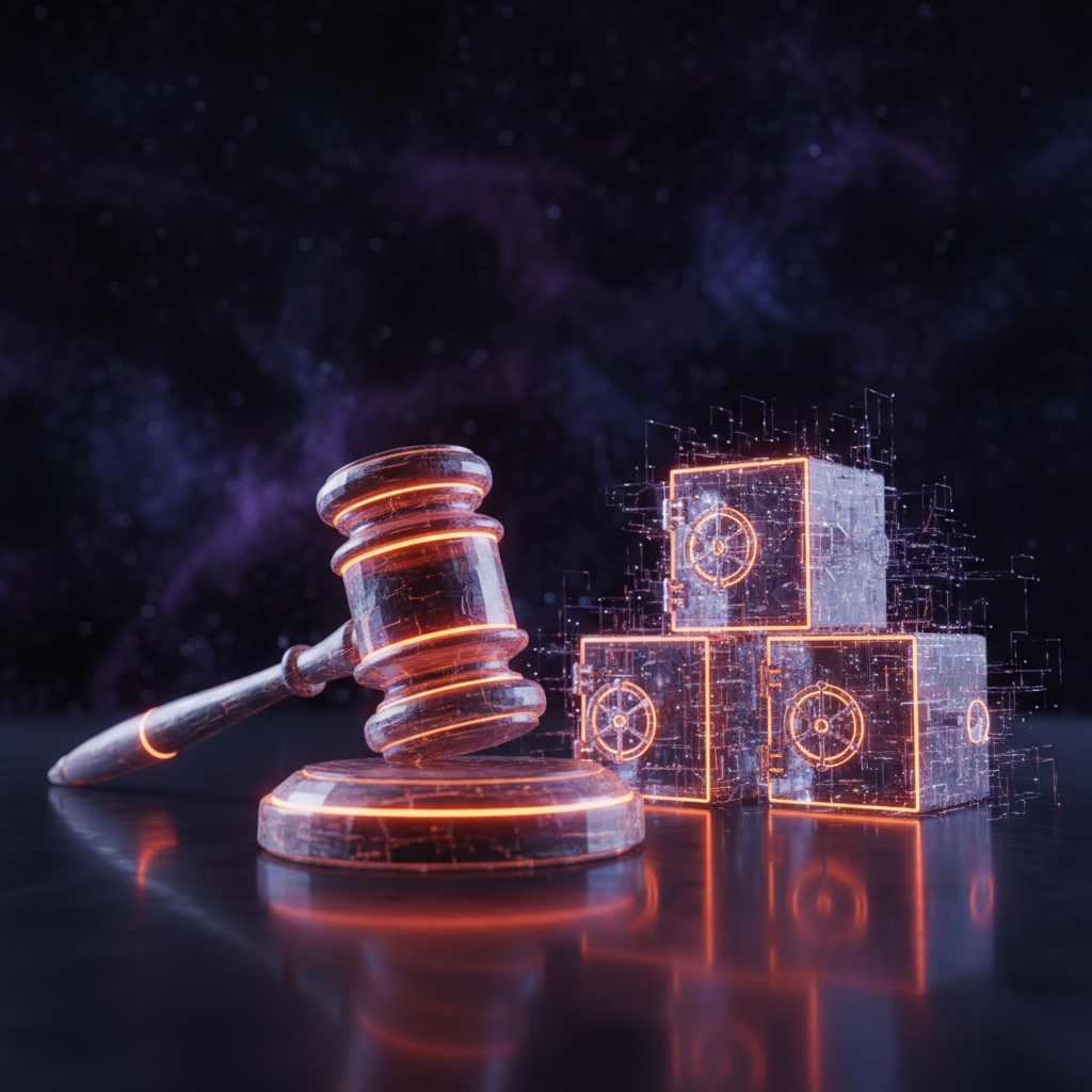 A regulatory gavel and digital vault representing customer fund protections with glowing orange neon elements.