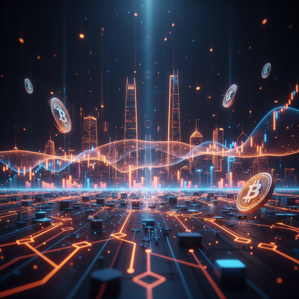 A glowing architectural grid representing a national blockchain network with orange neon light accents.