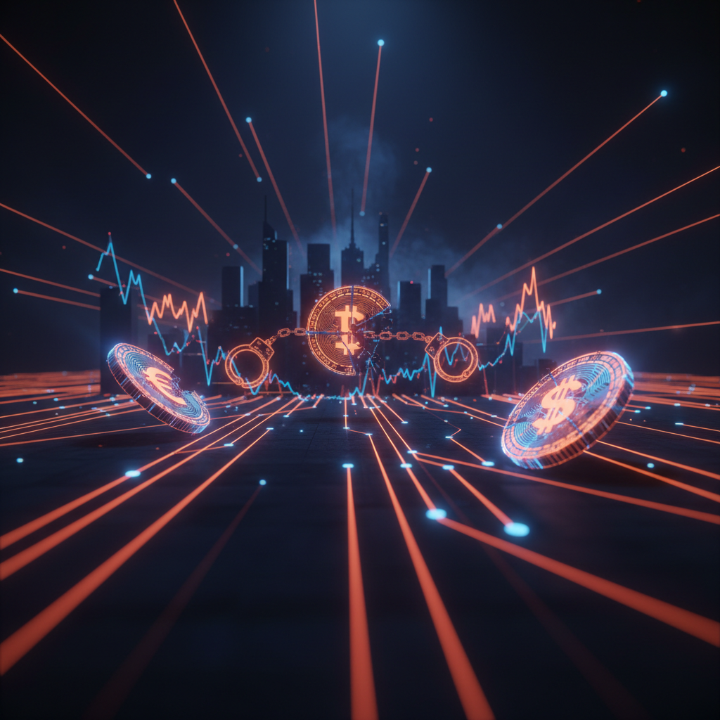 Cinematic visual of digital data streams representing the crypto broker laundering sentence outcome.