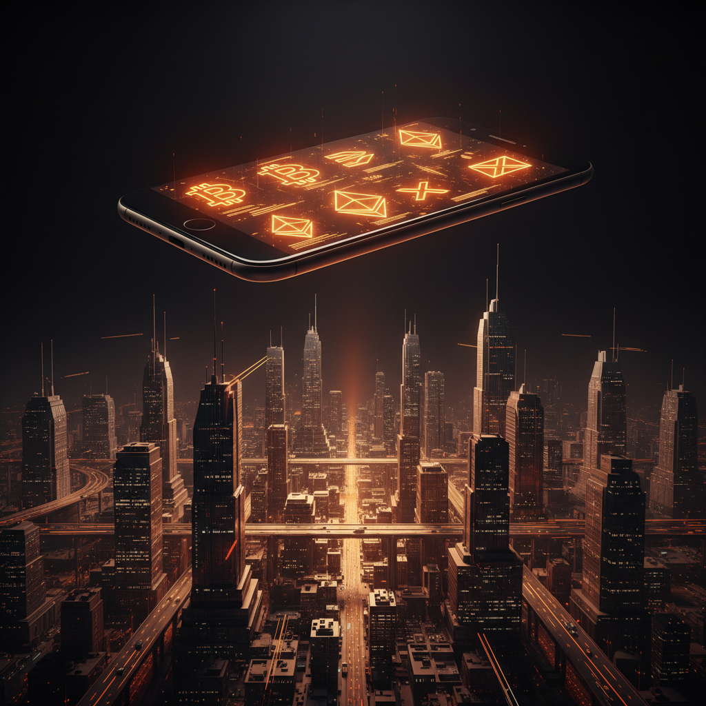 A smartphone glowing with an HSBC retail stablecoin interface in neon.