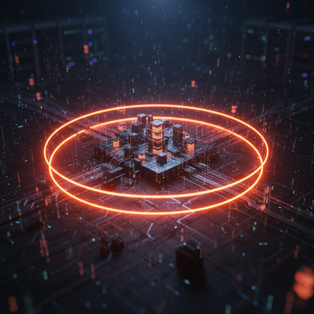 Glowing digital blockchain nodes frozen in place during the Initia network halt investigation scene.