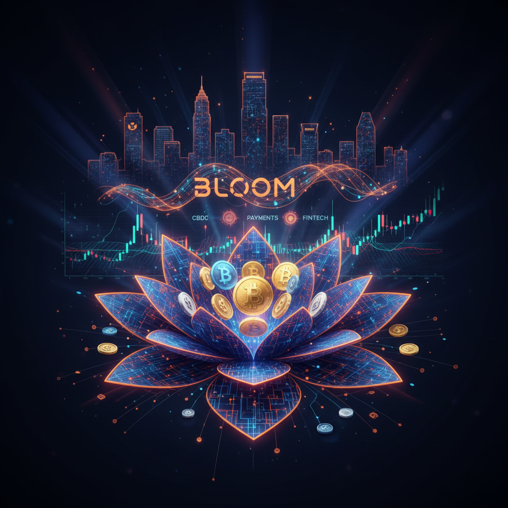 A glowing network map symbolizing the BLOOM digital currency project expansion.