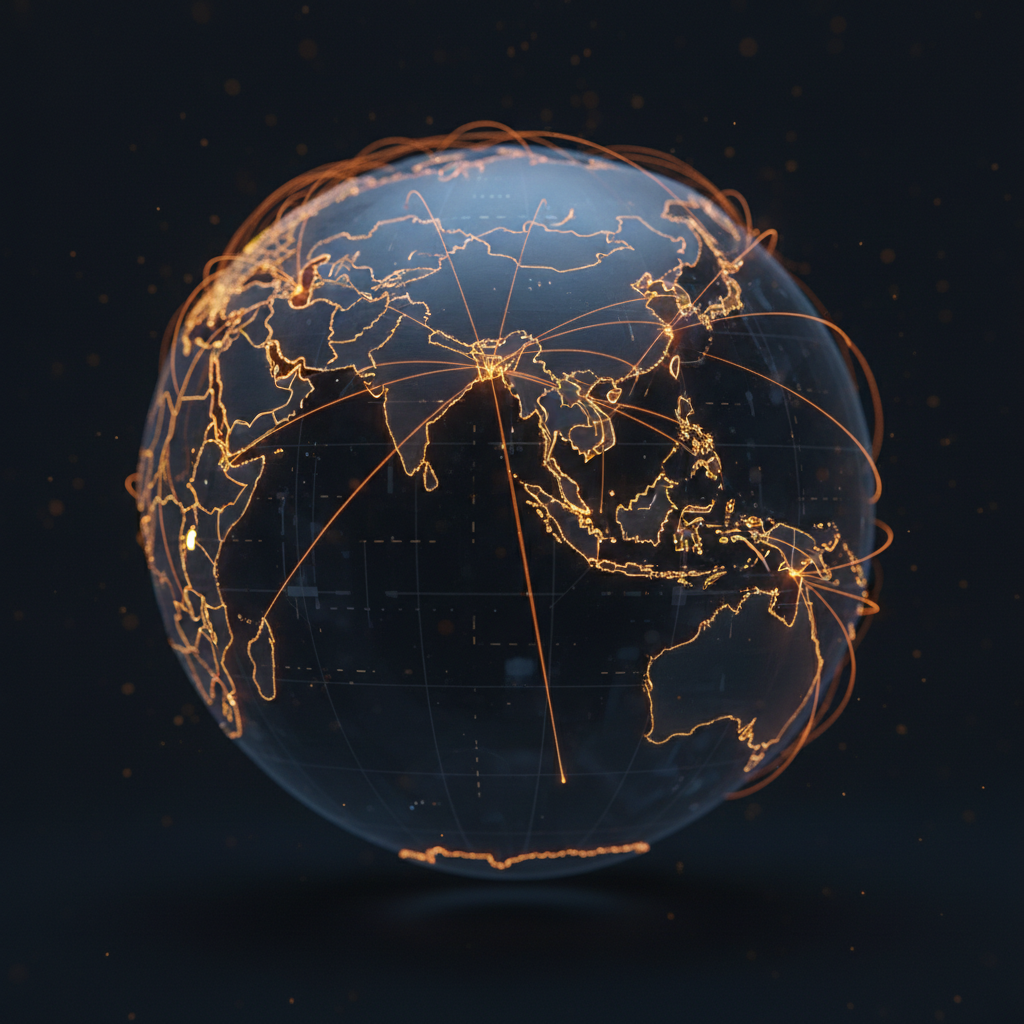 Luminous interbank trade routes reflecting the cross-border stablecoin push across Southeast Asian nations.