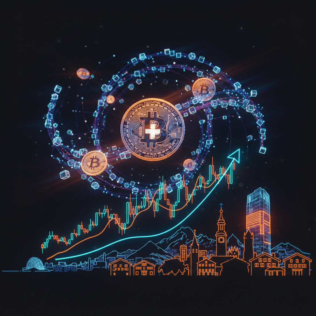 Stylized Swiss mountain outline overlaid with a glowing orange Swiss retail Bitcoin ETF symbol.
