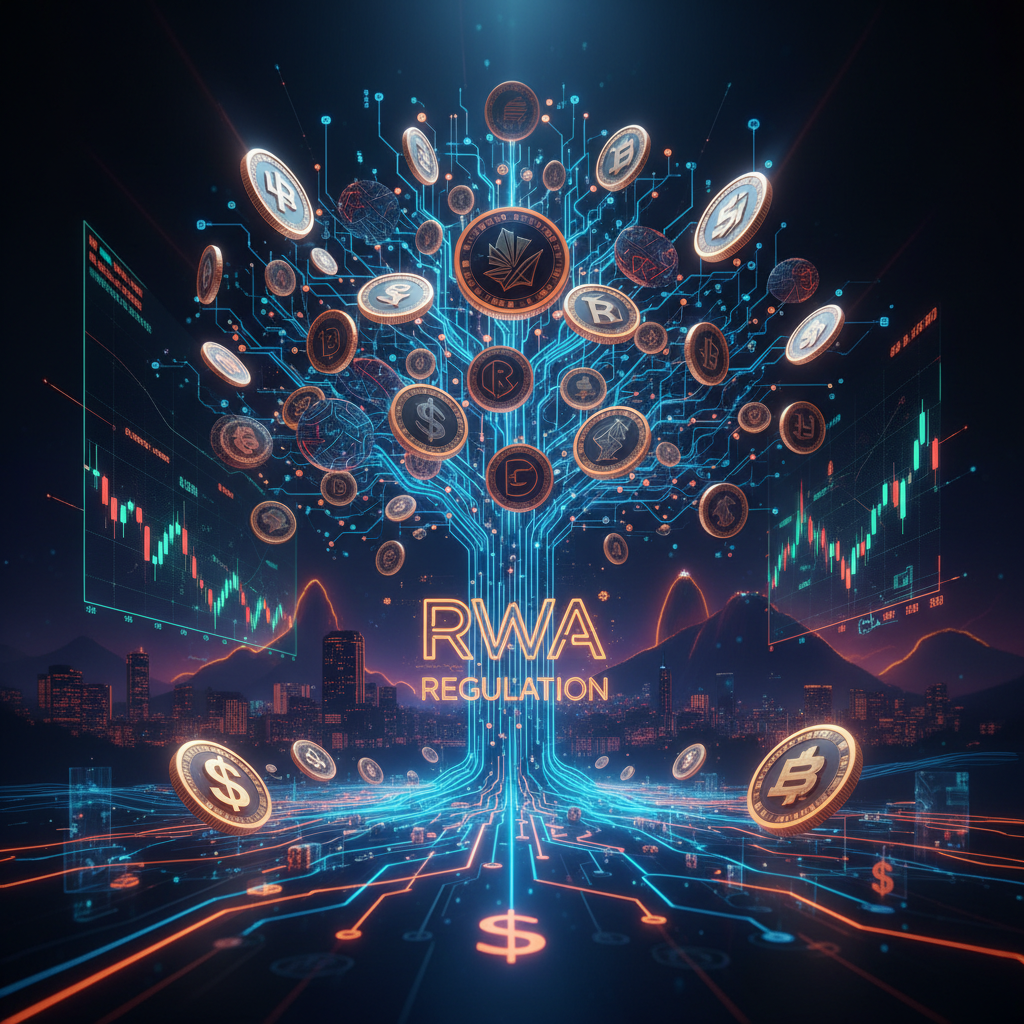 Glowing digital tokens and regulatory scales representing mandatory tokenization Brazil plans