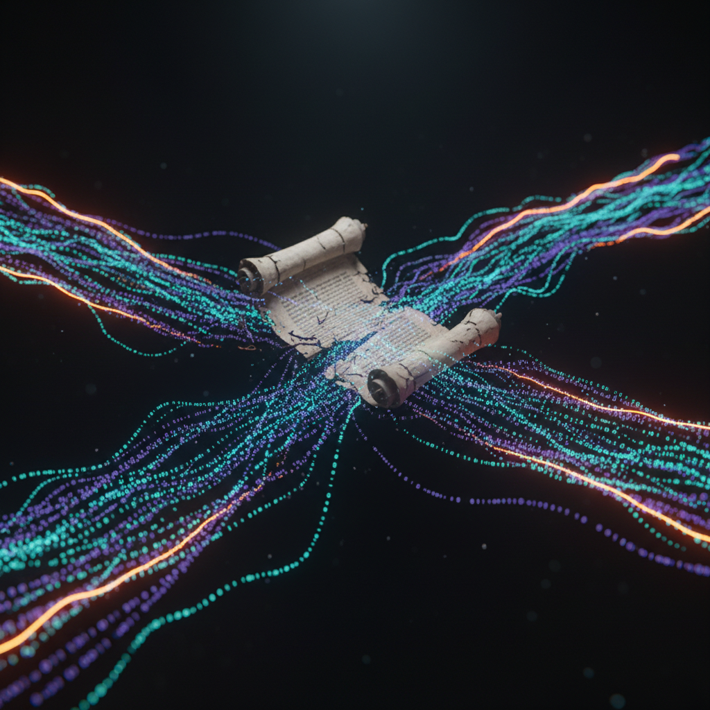 Glowing cryptographic code forming a Bitcoin blockchain poem in digital space