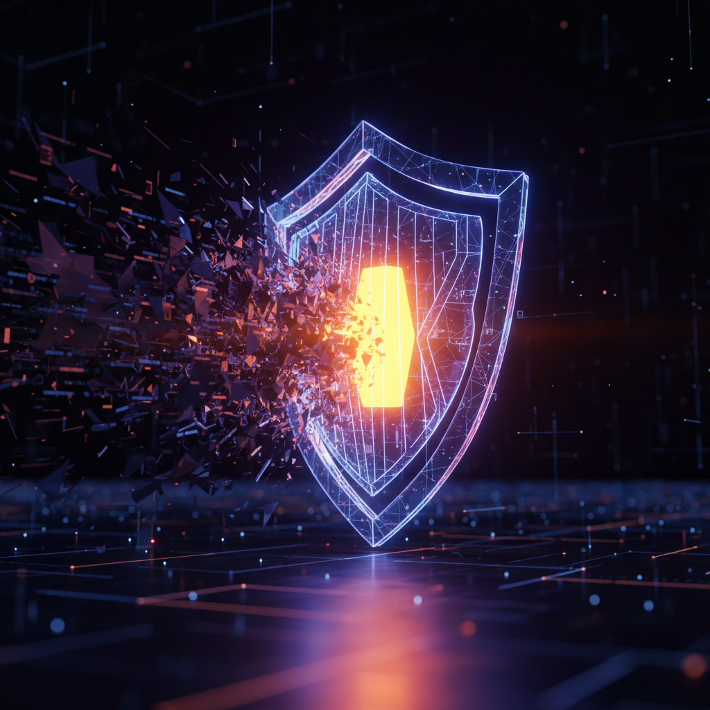 A glowing shield illustrating Bitcoin price resilience against digital data waves on a dark background.