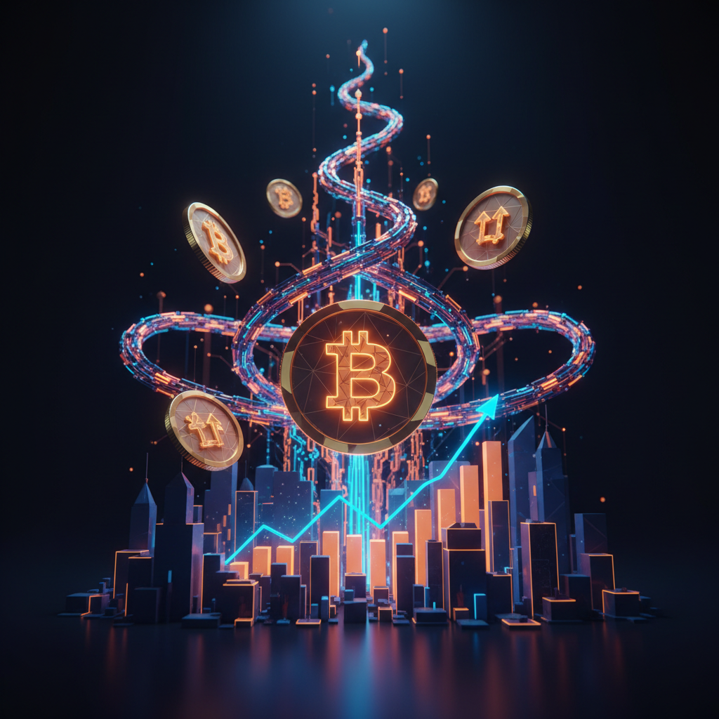 Glowing analytical chart displaying the Bitcoin price rebound against a dark background with orange accents.