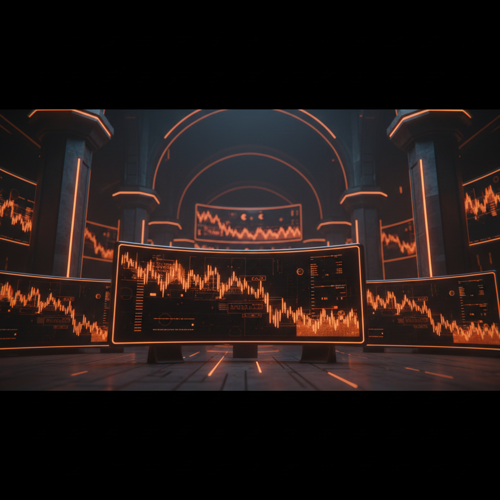 Trading floor monitors showing crypto stocks dropped with downward orange trendlines on dark screens.