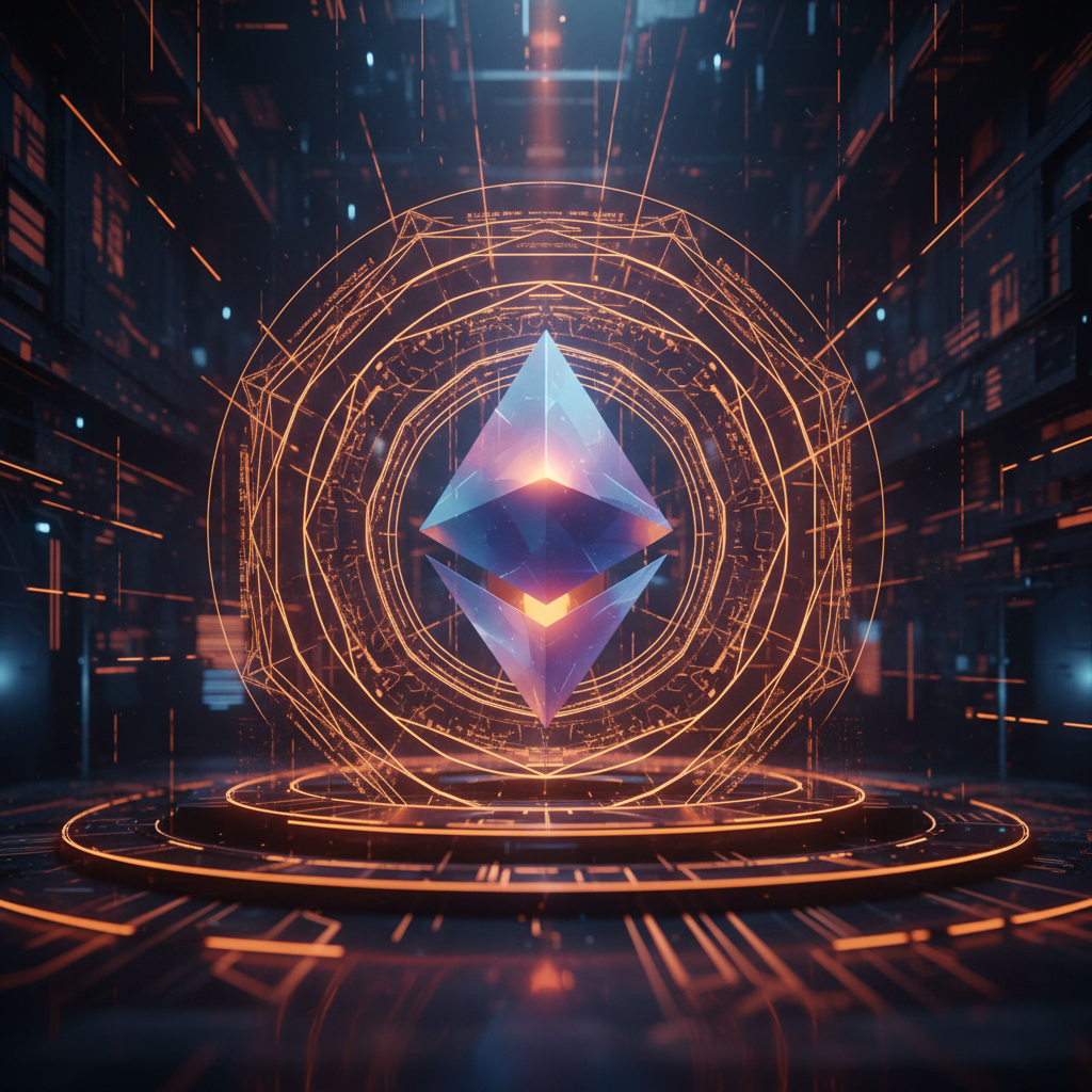Abstract digital cryptographic core representing the Ethereum EIP-7702 draft with orange cybersecurity motifs.
