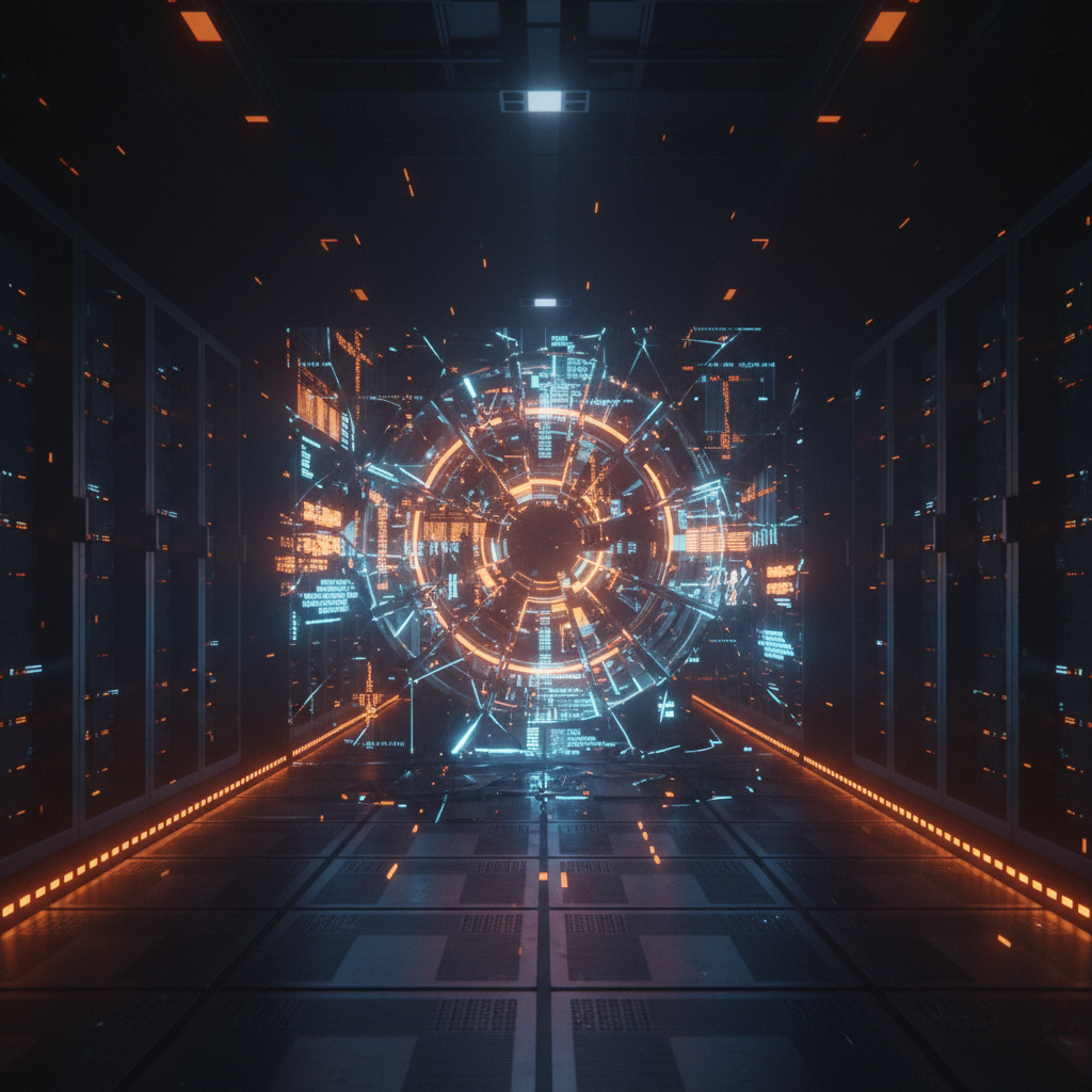 Holographic security breach visualization highlighting the Binance security breach with orange neon circuit paths.